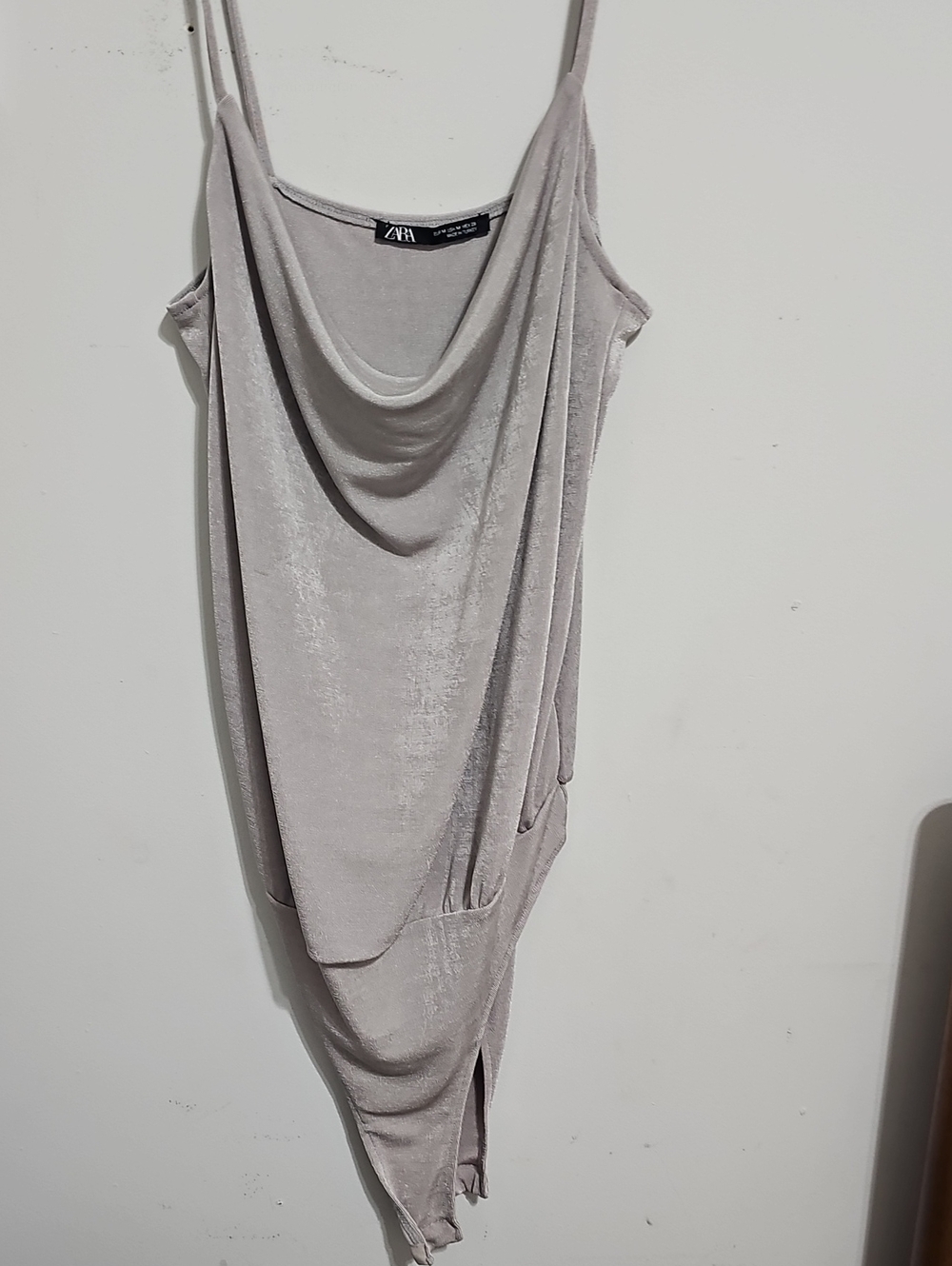 ZARA Pale Gray Asymmetrical Cowl Neck Bodysuit